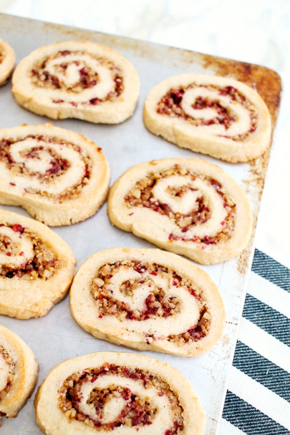 Cranberry Walnut Shortbread Cookies on a cookie sheet