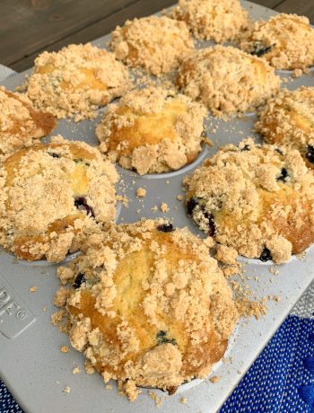 blueberry crumb muffins still in the muffin tin
