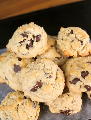 a pile of peanut butter chocolate chip cookies