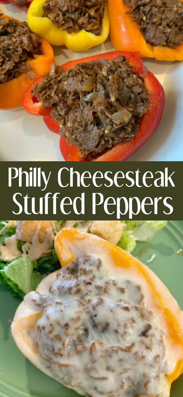 pinterest image for philly cheese steak stuffed peppers