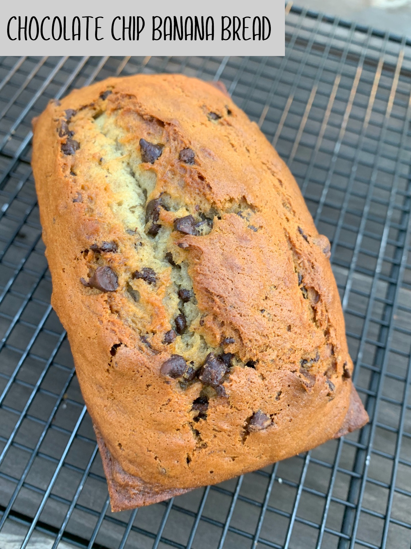 a mini loaf of chocolate chip banana bread on a cooling rack