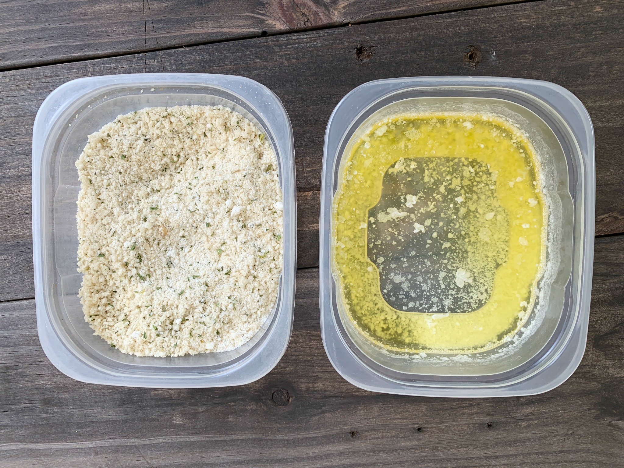 a container of panko bread crumbs and a container of melted butter