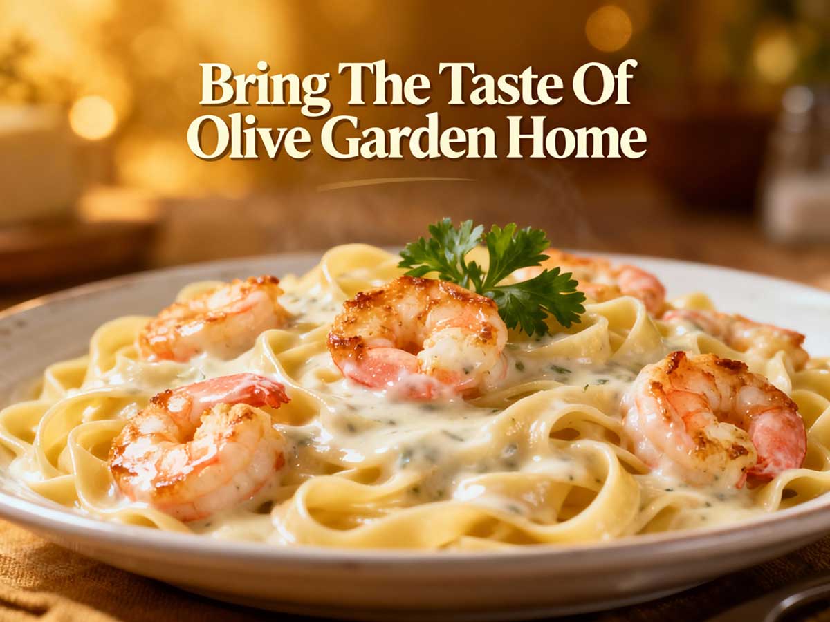 Steaming hot Creamy Shrimp Alfredo with fettuccine pasta and parsley garnish.